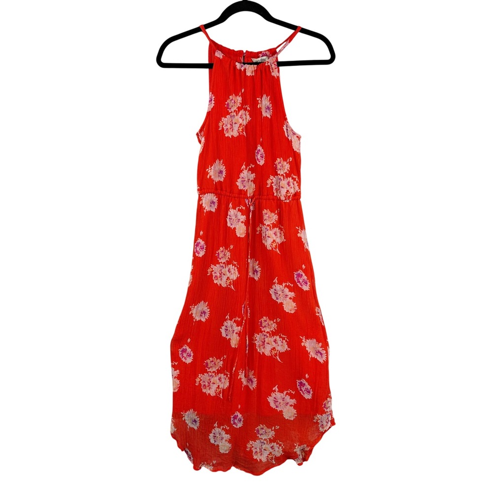 Lucky Brand Womens XS Red Floral Halter Midi Dress Crinkle Viscose Sleeveless